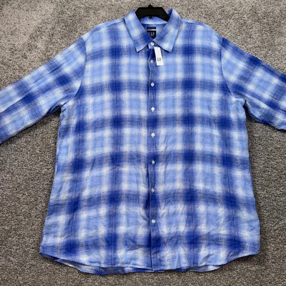 Gap Linen Plaid Button Down Shirt Mens Long Sleeve Blue XXL NEW